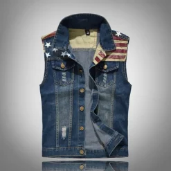 Men's Gilet Denim Vest Daily Wear Vacation Going out Fashion Basic Spring & Fall Button Pocket Cotton Blend Comfortable National Flag Single Breasted Lapel Regular Fit Blue Vest