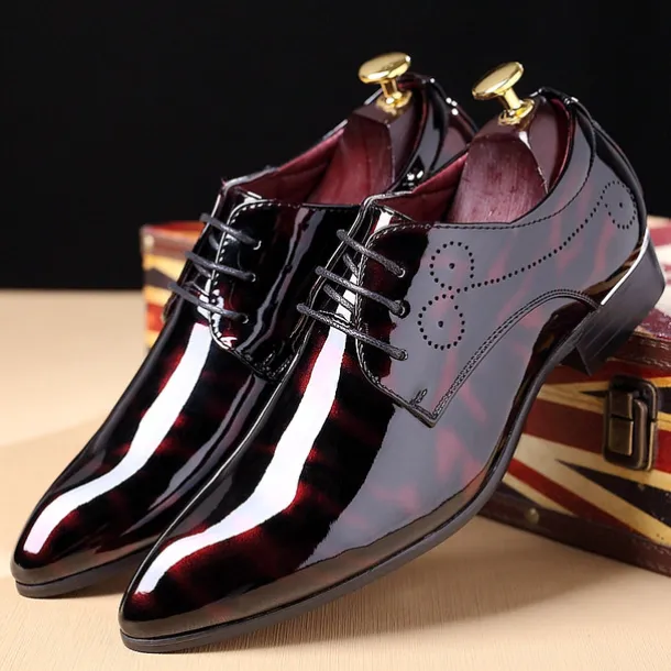 Men's Glossy Burgundy Patent Faux Leather Lace-Up Dress Shoes with Brogue Detailing - Formal Oxford Shoes for Weddings, Parties, and Business Events