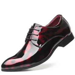 Men's Glossy Burgundy Patent Faux Leather Lace-Up Dress Shoes with Brogue Detailing - Formal Oxford Shoes for Weddings, Parties, and Business Events