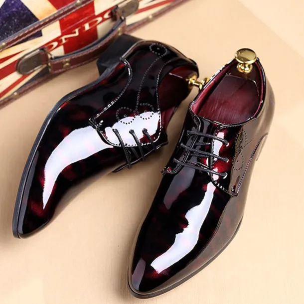 Men's Glossy Burgundy Patent Faux Leather Lace-Up Dress Shoes with Brogue Detailing - Formal Oxford Shoes for Weddings, Parties, and Business Events