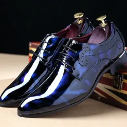 Men's Glossy Burgundy Patent Faux Leather Lace-Up Dress Shoes with Brogue Detailing - Formal Oxford Shoes for Weddings, Parties, and Business Events