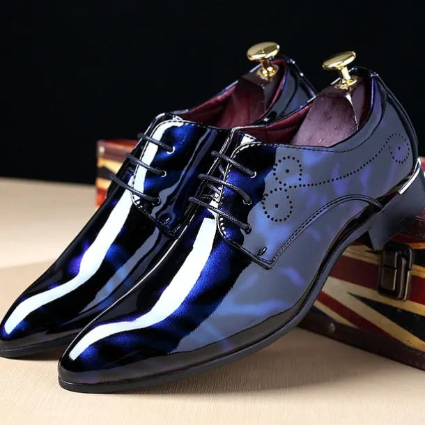 Men's Glossy Burgundy Patent Faux Leather Lace-Up Dress Shoes with Brogue Detailing - Formal Oxford Shoes for Weddings, Parties, and Business Events