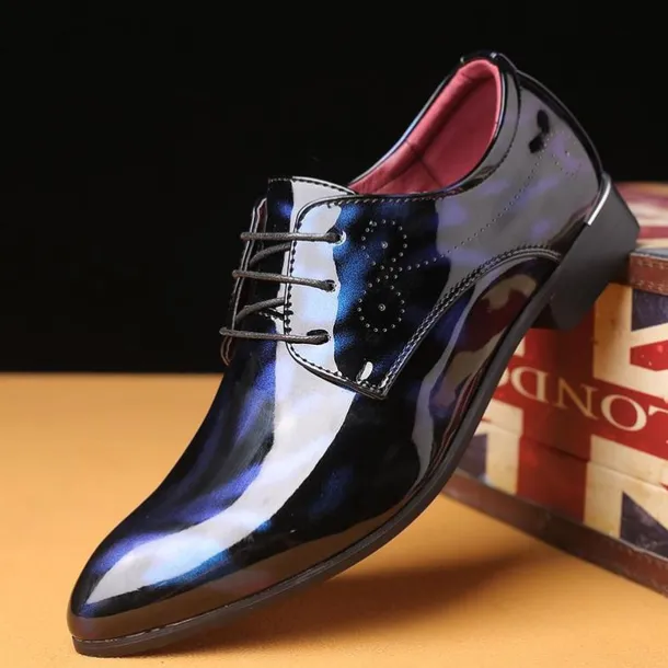 Men's Glossy Burgundy Patent Faux Leather Lace-Up Dress Shoes with Brogue Detailing - Formal Oxford Shoes for Weddings, Parties, and Business Events