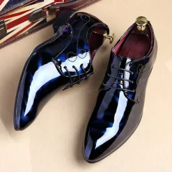 Men's Glossy Burgundy Patent Faux Leather Lace-Up Dress Shoes with Brogue Detailing - Formal Oxford Shoes for Weddings, Parties, and Business Events