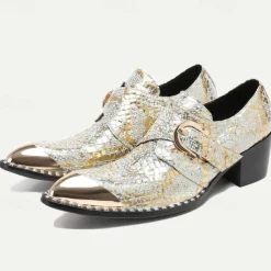 Men's Gold Metallic Leather Dress Shoes with Snake Skin Pattern, Square Toe and Buckle Detail - Perfect for Weddings, Parties, and Other Special Events