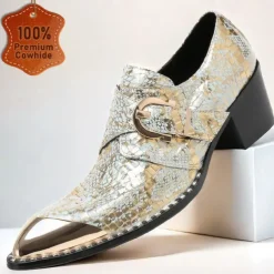 Men's Gold Metallic Leather Dress Shoes with Snake Skin Pattern, Square Toe and Buckle Detail - Perfect for Weddings, Parties, and Other Special Events