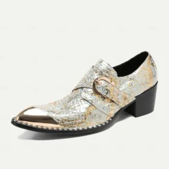 Men's Gold Metallic Leather Dress Shoes with Snake Skin Pattern, Square Toe and Buckle Detail - Perfect for Weddings, Parties, and Other Special Events