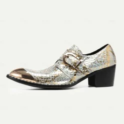 Men's Gold Metallic Leather Dress Shoes with Snake Skin Pattern, Square Toe and Buckle Detail - Perfect for Weddings, Parties, and Other Special Events