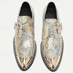 Men's Gold Metallic Leather Dress Shoes with Snake Skin Pattern, Square Toe and Buckle Detail - Perfect for Weddings, Parties, and Other Special Events