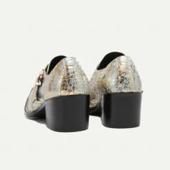 Men's Gold Metallic Leather Dress Shoes with Snake Skin Pattern, Square Toe and Buckle Detail - Perfect for Weddings, Parties, and Other Special Events
