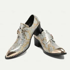 Men's Gold Metallic Leather Dress Shoes with Snake Skin Pattern, Square Toe and Buckle Detail - Perfect for Weddings, Parties, and Other Special Events