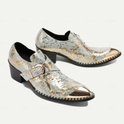Men's Gold Metallic Leather Dress Shoes with Snake Skin Pattern, Square Toe and Buckle Detail - Perfect for Weddings, Parties, and Other Special Events