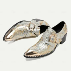 Men's Gold Metallic Leather Dress Shoes with Snake Skin Pattern, Square Toe and Buckle Detail - Perfect for Weddings, Parties, and Other Special Events