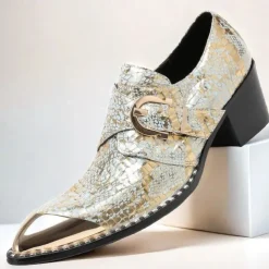 Men's Gold Metallic Leather Dress Shoes with Snake Skin Pattern, Square Toe and Buckle Detail - Perfect for Weddings, Parties, and Other Special Events