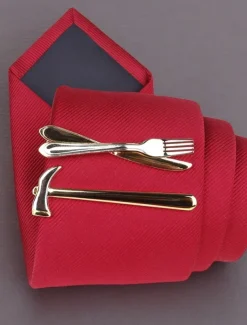 Men's Gold Plated Fork, Knife and Hammer Tie Clip - Unique and Stylish Design - Perfect for Weddings, Formal and Creative Occasions