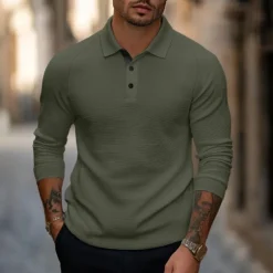 Men's Golf Polo Waffle Knit Polo Shirt Business Casual Ribbed Polo Collar Long Sleeve Fashion Basic Solid Color Knitting Fall Winter Regular Fit Dark Grey Black Army Green Navy Blue Light Grey Golf