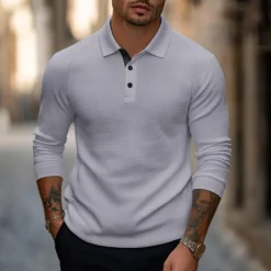 Men's Golf Polo Waffle Knit Polo Shirt Business Casual Ribbed Polo Collar Long Sleeve Fashion Basic Solid Color Knitting Fall Winter Regular Fit Dark Grey Black Army Green Navy Blue Light Grey Golf