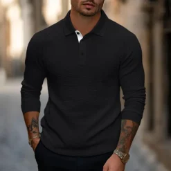 Men's Golf Polo Waffle Knit Polo Shirt Business Casual Ribbed Polo Collar Long Sleeve Fashion Basic Solid Color Knitting Fall Winter Regular Fit Dark Grey Black Army Green Navy Blue Light Grey Golf