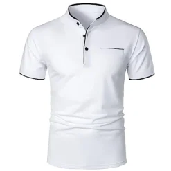 Men's Golf Shirt Banded Collar Shirt Casual Holiday Stand Collar Banded Collar Short Sleeve Fashion Basic Plain Button Summer Regular Fit Navy Black White Burgundy Golf Shirt