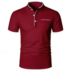 Men's Golf Shirt Banded Collar Shirt Casual Holiday Stand Collar Banded Collar Short Sleeve Fashion Basic Plain Button Summer Regular Fit Navy Black White Burgundy Golf Shirt