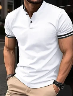 Men's Golf Shirt Golf Polos Shirts Work Casual Lapel Short Sleeve Basic Modern Color Block Patchwork Buttons Summer Regular Fit Black White Red Khaki Golf Shirt