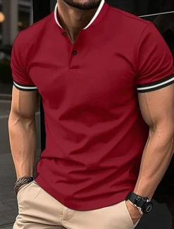 Men's Golf Shirt Golf Polos Shirts Work Casual Lapel Short Sleeve Basic Modern Color Block Patchwork Buttons Summer Regular Fit Black White Red Khaki Golf Shirt