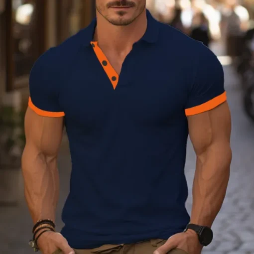 Men's Golf Shirt Golf Polo Work Casual Lapel Short Sleeve Basic Modern Color Block Deer Patchwork Embroidered Spring & Summer Regular Fit Wine Lake Blue Denim Blue Navy blue+white Dark Gray+Light