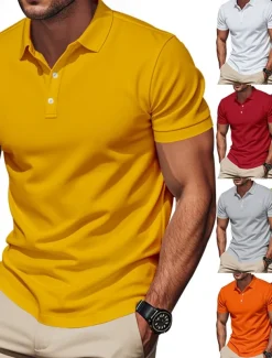 Men's Golf Shirt Golf Polos Shirts Work Casual Lapel Short Sleeve Basic Modern Plain Buttons Spring & Summer Regular Fit Black White Yellow Red Navy Blue Royal Blue Golf Shirt