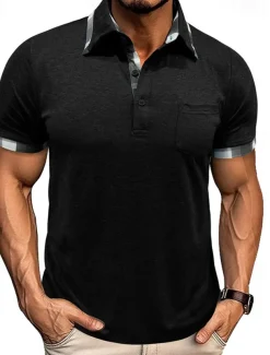 Men's Golf Shirt Golf Polos Shirts Work Casual Lapel Short Sleeve Basic Modern Plaid Color Block Patchwork Buttons Summer Spring Regular Fit Wine Black Blue Green Khaki Light Grey Golf Shirt