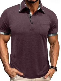 Men's Golf Shirt Golf Polos Shirts Work Casual Lapel Short Sleeve Basic Modern Plaid Color Block Patchwork Buttons Summer Spring Regular Fit Wine Black Blue Green Khaki Light Grey Golf Shirt