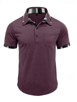 Men's Golf Shirt Golf Polos Shirts Work Casual Lapel Short Sleeve Basic Modern Plaid Color Block Patchwork Buttons Summer Spring Regular Fit Wine Black Blue Green Khaki Light Grey Golf Shirt