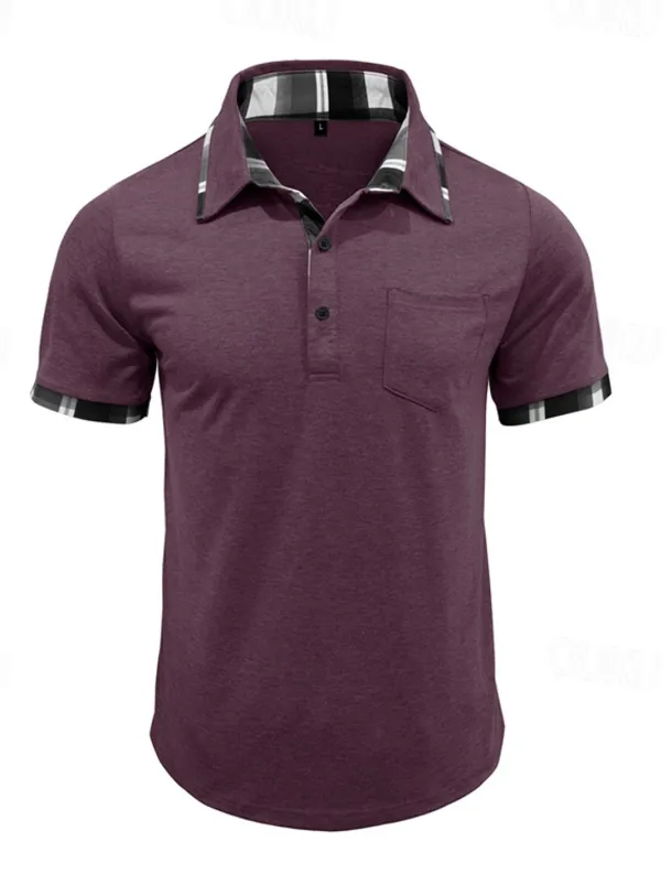 Men's Golf Shirt Golf Polos Shirts Work Casual Lapel Short Sleeve Basic Modern Plaid Color Block Patchwork Buttons Summer Spring Regular Fit Wine Black Blue Green Khaki Light Grey Golf Shirt