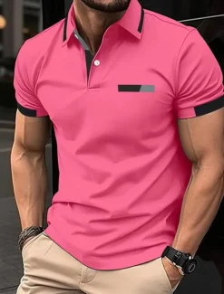 Men's Golf Shirt Golf Polos Shirts Work Casual Lapel Short Sleeve Basic Modern Color Block Patchwork Buttons Spring Regular Fit Black Blue sky blue Brown Green Light Grey Golf Shirt