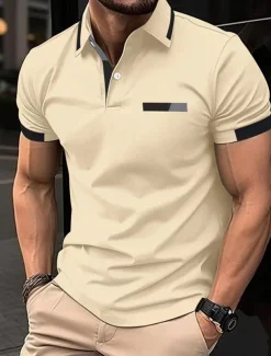 Men's Golf Shirt Golf Polos Shirts Work Casual Lapel Short Sleeve Basic Modern Color Block Patchwork Buttons Spring Regular Fit Black Blue sky blue Brown Green Light Grey Golf Shirt