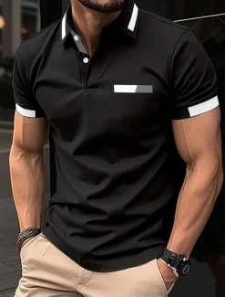 Men's Golf Shirt Golf Polos Shirts Work Casual Lapel Short Sleeve Basic Modern Color Block Patchwork Buttons Spring Regular Fit Black Blue sky blue Brown Green Light Grey Golf Shirt