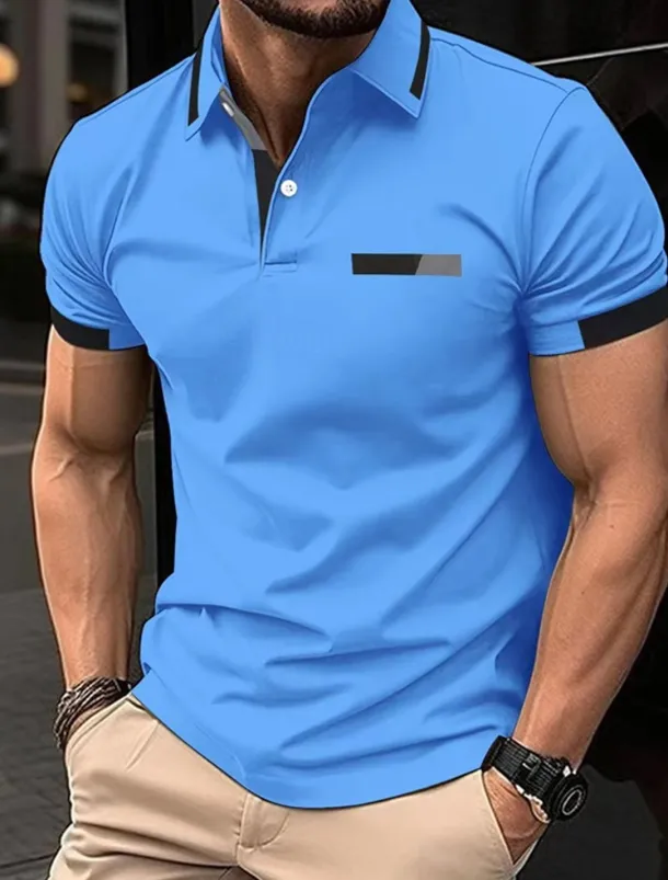 Men's Golf Shirt Golf Polos Shirts Work Casual Lapel Short Sleeve Basic Modern Color Block Patchwork Buttons Spring Regular Fit Black Blue sky blue Brown Green Light Grey Golf Shirt
