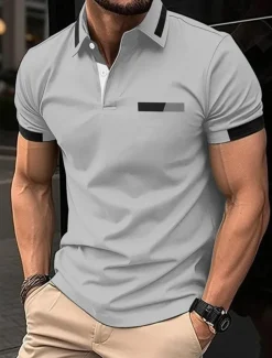 Men's Golf Shirt Golf Polos Shirts Work Casual Lapel Short Sleeve Basic Modern Color Block Patchwork Buttons Spring Regular Fit Black Blue sky blue Brown Green Light Grey Golf Shirt