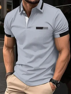 Men's Golf Shirt Golf Polos Shirts Work Casual Lapel Short Sleeve Basic Modern Color Block Patchwork Buttons Spring Regular Fit Black Blue sky blue Brown Green Light Grey Golf Shirt