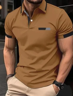 Men's Golf Shirt Golf Polos Shirts Work Casual Lapel Short Sleeve Basic Modern Color Block Patchwork Buttons Spring Regular Fit Black Blue sky blue Brown Green Light Grey Golf Shirt