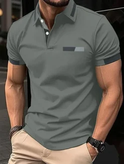 Men's Golf Shirt Golf Polos Shirts Work Casual Lapel Short Sleeve Basic Modern Color Block Patchwork Buttons Spring Regular Fit Black Blue sky blue Brown Green Light Grey Golf Shirt