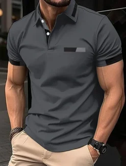 Men's Golf Shirt Golf Polos Shirts Work Casual Lapel Short Sleeve Basic Modern Color Block Patchwork Buttons Spring Regular Fit Black Blue sky blue Brown Green Light Grey Golf Shirt