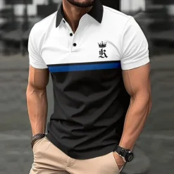 Men's Golf Shirt Golf Polo Work Casual Lapel Short Sleeve Basic Modern Color Block Patchwork Button Spring & Summer Regular Fit Black Dark navy Royal Blue Blue Orange Green Golf Shirt