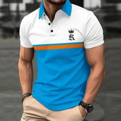 Men's Golf Shirt Golf Polo Work Casual Lapel Short Sleeve Basic Modern Color Block Patchwork Button Spring & Summer Regular Fit Black Dark navy Royal Blue Blue Orange Green Golf Shirt