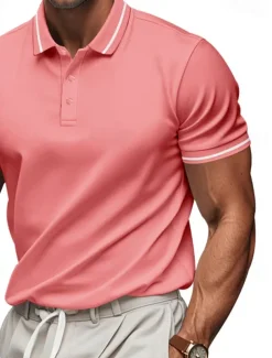 Men's Golf Shirt Golf Polos Shirts Work Casual Lapel Short Sleeve Basic Modern Plain Patchwork Buttons Summer Regular Fit Black White Pink Red Navy Blue Emerald Green Golf Shirt