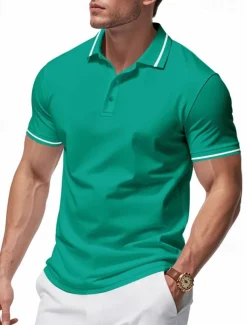 Men's Golf Shirt Golf Polos Shirts Work Casual Lapel Short Sleeve Basic Modern Plain Patchwork Buttons Summer Regular Fit Black White Pink Red Navy Blue Emerald Green Golf Shirt