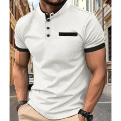 Men's Golf Shirt Golf Polo Work Casual Stand Collar Short Sleeve Basic Modern Color Block Patchwork Button Spring & Summer Regular Fit Wine Black White Navy Blue Khaki Golf Shirt