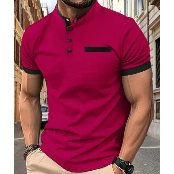 Men's Golf Shirt Golf Polo Work Casual Stand Collar Short Sleeve Basic Modern Color Block Patchwork Button Spring & Summer Regular Fit Wine Black White Navy Blue Khaki Golf Shirt
