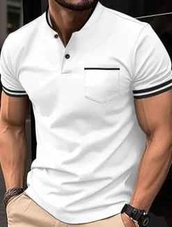 Men's Golf Shirt Golf Polos Shirts Work Casual Stand Collar Short Sleeve Basic Modern Color Block Patchwork Buttons Spring & Summer Regular Fit Wine Black White Sky Blue Khaki Gray Golf Shirt