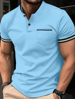 Men's Golf Shirt Golf Polos Shirts Work Casual Stand Collar Short Sleeve Basic Modern Color Block Patchwork Buttons Spring & Summer Regular Fit Wine Black White Sky Blue Khaki Gray Golf Shirt