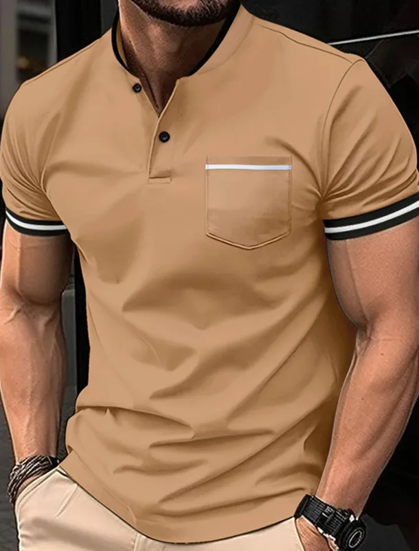 Men's Golf Shirt Golf Polos Shirts Work Casual Stand Collar Short Sleeve Basic Modern Color Block Patchwork Buttons Spring & Summer Regular Fit Wine Black White Sky Blue Khaki Gray Golf Shirt